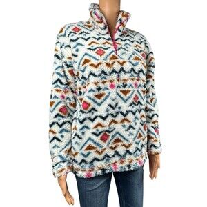 Eddie Bauer Womens Size Small Plush 1/4 Zip Jacket Fuzzy Fleece Vanilla Aztec
